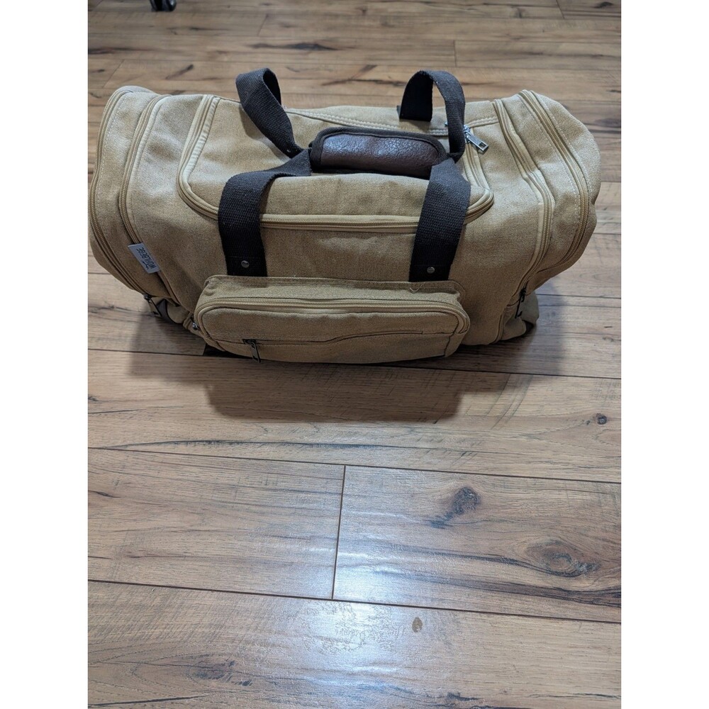 WOHLBEGE Canvas Leather Duffle Bag Travel Weekender Carry On Gym Bag Khaki